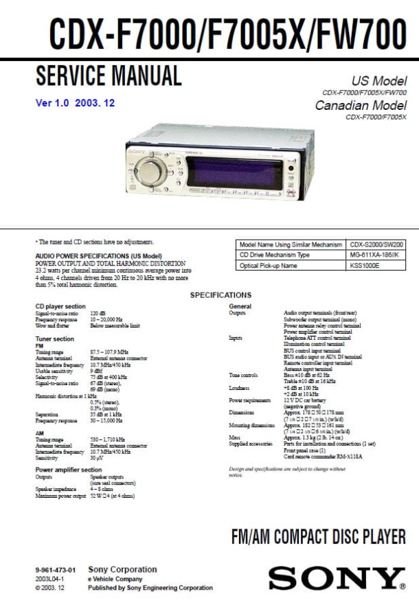 CDX-F7000, CDX-F7005X, CDX-FW700 Ver.1.0